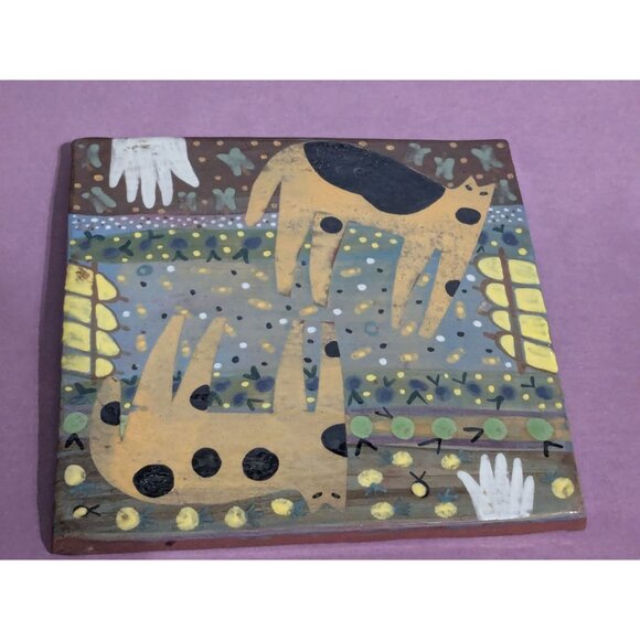 Art Tile w/ Cats Hand Painted and Glazed Tile Folk Art 5x5 in - Picture 1 of 5